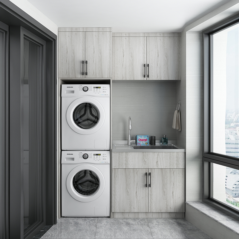 B5-疊放雙電器+吊柜（不銹鋼陽臺(tái)洗衣柜）